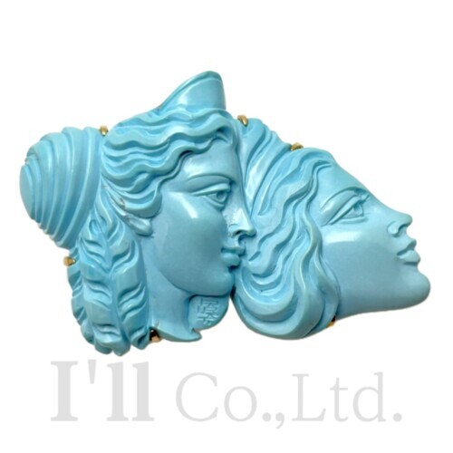【中古】Carlo Parlati　カルロ・パルラーティ　ターコイズ　ブローチ　K18YG　ライトブルー　ブランドジュエリー　アクセサリー　ペンダントトップ　ピンブローチ　18金　K18イエローゴールド　Au750　彫刻　女性　天然トルコ石　水色【中古】【82517】