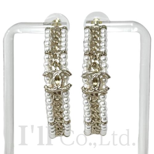 【中古】CHANEL　シャネル　ココマーク　フープ　ピアス　A20C　GP　フェイクパール　ライトゴールド　ホワイト　ブランドジュエリー　アクセサリー　イヤリング　両耳用　メッキ　メタル　COCO　CC【中古】【72154】