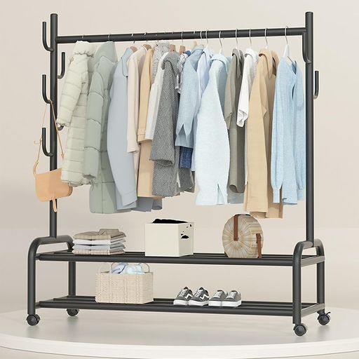 ハンガーラック多機能収納おしゃれ洋服ラック頑丈防サビキャスター付き洋服掛け衣類収納室内干しスリムパイプハンガー両側のフック付き棚付き耐荷重60KGスチール製(ブラック)