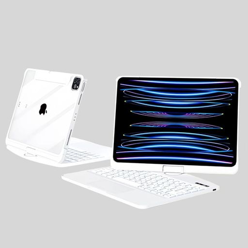360度回転iPad10.2インチ第9/8/7世代キーボードケース透明クリア7色バックライト付きタッチパッド付き折りたたみ多角度対応多機能一体型キーボードカバー白