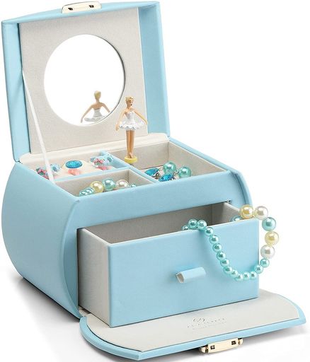 Vlandoジュエリーボックス娘へのプレゼント半円形鏡付きオルゴールプレゼント子供アクセサリーケース携帯用引き出し2段誕生日クリスマス、新年の贈り物三歳以上(5-ブルー)