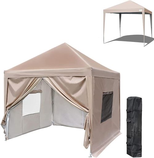 ワンタッチタープテント3段階調節3m/2.5m/2mUVカット耐水スチールキャンプアウトドア耐水専用横幕/サイドシート4枚付属テントキャンプ用品ワンタッチテントタープ(ベージュ2m)