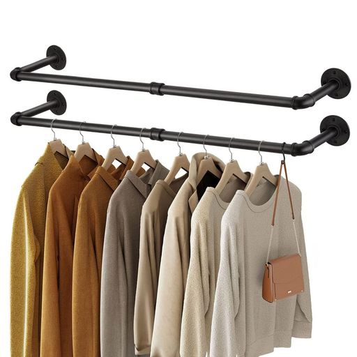UNHOハンガーパイプハンガーラック壁付けハンガーバー幅92cm2本セット壁掛け洋服ラックブラックアイアン頑丈オープンクローゼットおしゃれ見せる収納DIY黒