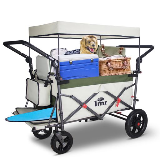 TMZキャリーカートアウトドアワゴン、折りたたみ式、シートとシートベルト付き多機能カート、荷室拡張可能、前後ダブルプッシュハンドル、耐荷重約120kg、ストッパー付き(クリーム色/…