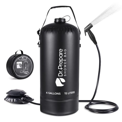 DR.PREPAREポータブルシャワー簡易アウトドア手動加圧式キャンプ海ポンプソーラー加熱防災15Lタンクブラック