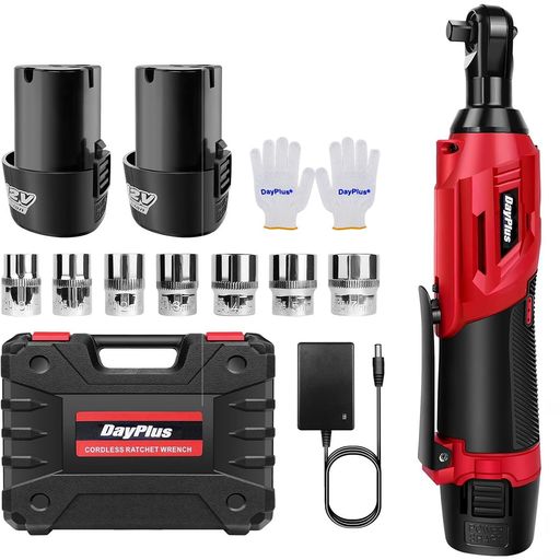 DayPlusコードレス電動スリムラチェット3/8”(9.53粍)40Nm豪然たるトルク12V1.5Ah大静電容量バッテリ2個嘱する正ひっくり返す両用小型LED点火装置オーバーヒート保護すること安全性のある鍵を掛ける積み上げるラチェットレンチオートバイ/銀輪の持続DIY