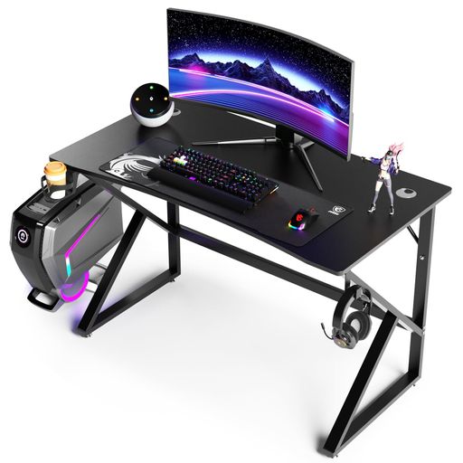 ゲーミングデスク パソコンデスク PCデスク ゲーム 学習 幅110cm 奥行60cm 耐荷重80kg ダブル三角形脚 カップホルダーとヘッドフォンフック付き 配線孔2つ ゲーマーに向け モニターアーム対…|Ilmondomall