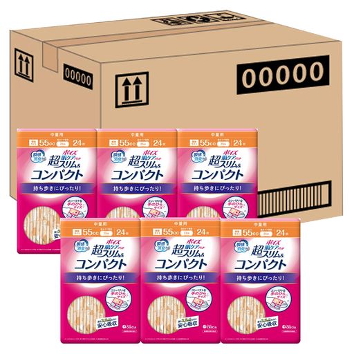 ポイズ【ケース販売】肌ケアパッド超スリム&コンパクト2.5mm中量用55cc24枚x6パック入り(女性の軽い尿もれ用)