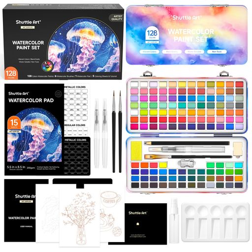 ShuttleArt固形水彩128色セット固体水彩絵の具ハーフパンペイントブラシ水筆ペン水彩紙パレットスケッチ鉛筆付きメタリック透明半乾き溶けやすい速乾水彩画大人の塗り絵お絵描き野外ス…