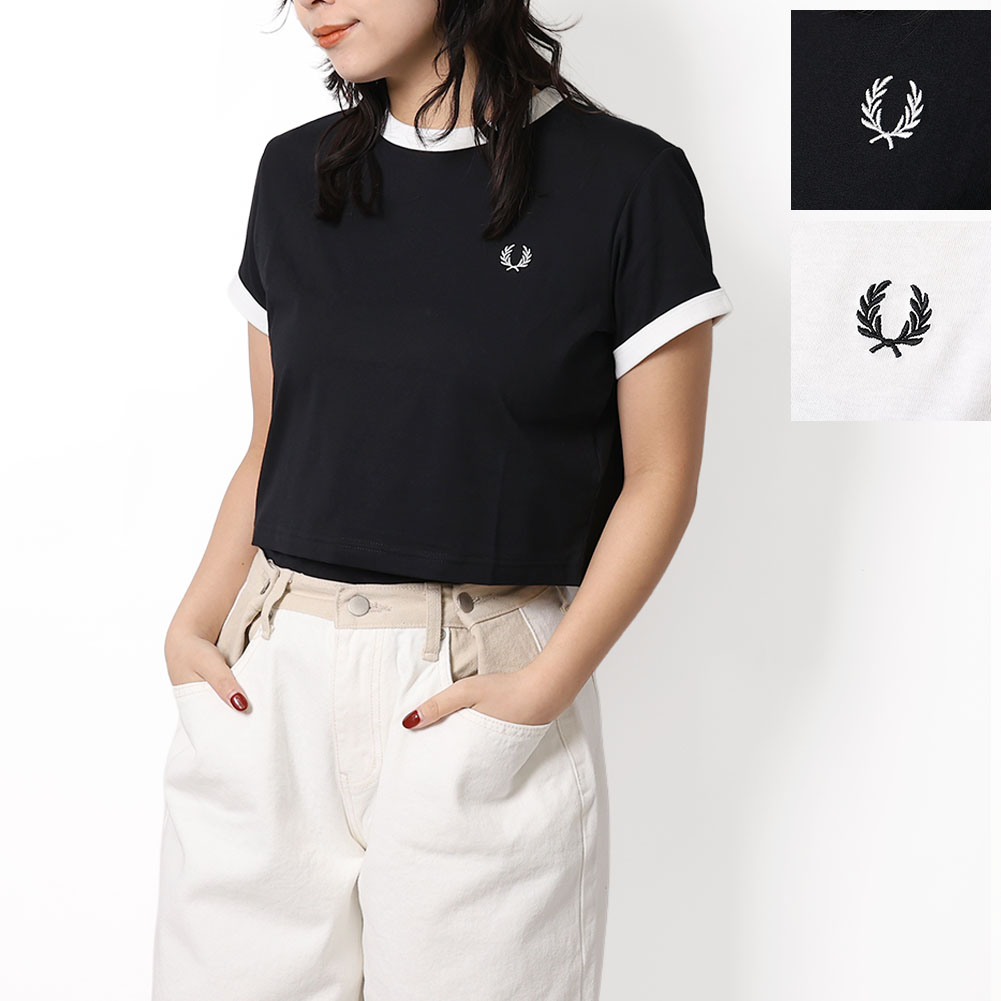 〈SUMMERSALE〉〈ｸｰﾎﾟﾝ5%OFF〉フレッドペリー／FRED PERRY &rdquo;CROPPED RINGER TｰSHIRT" レディース クロップド丈 クルーネック半袖Tシャツ ローレルリース(ブラック スノーホワイト) G9163 102 129／BLACK SNOW WHITE／10[返品OK]｜IL TELAIO DUE