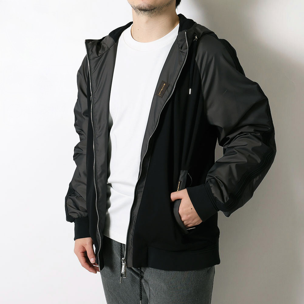 〈ﾎﾟｲﾝﾄ5倍〉ムーレー／MOORER "COSIMO-JK" メンズ・ジャケット・ジップアップパーカー・ブルゾン・異素材ミックス・ニット切替・フード付(ブラック&times;グレー) ／NERO ANTRACITE[返品OK]｜IL TELAIO DUE