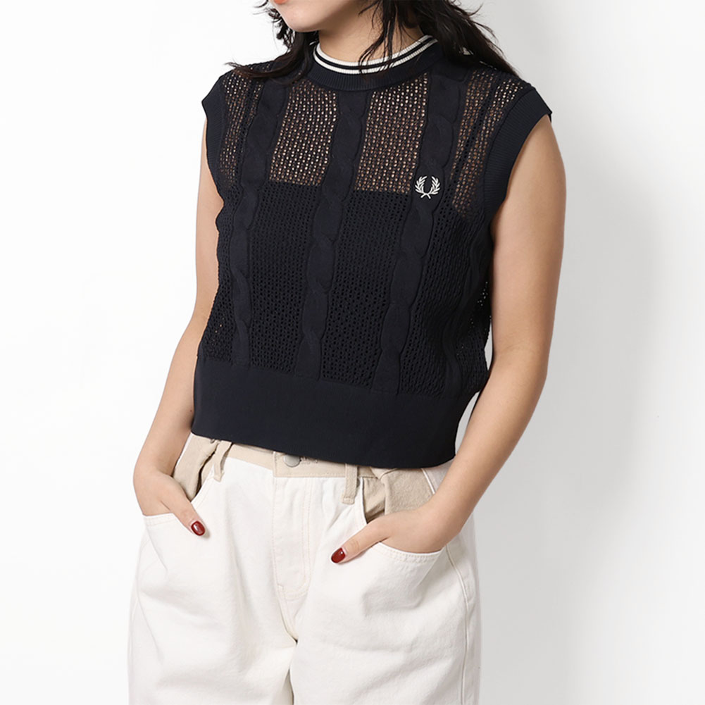 〈SALE割引〉〈ｸｰﾎﾟﾝ5%OFF〉フレッドペリー／FRED PERRY &rdquo;MESH CABLE KNIT TANK・メッシュケーブルニットタンクトップ" レディース・サマーニットベスト(ネイビー) K2126 608／NAVY／10[返品OK]｜IL TELAIO DUE