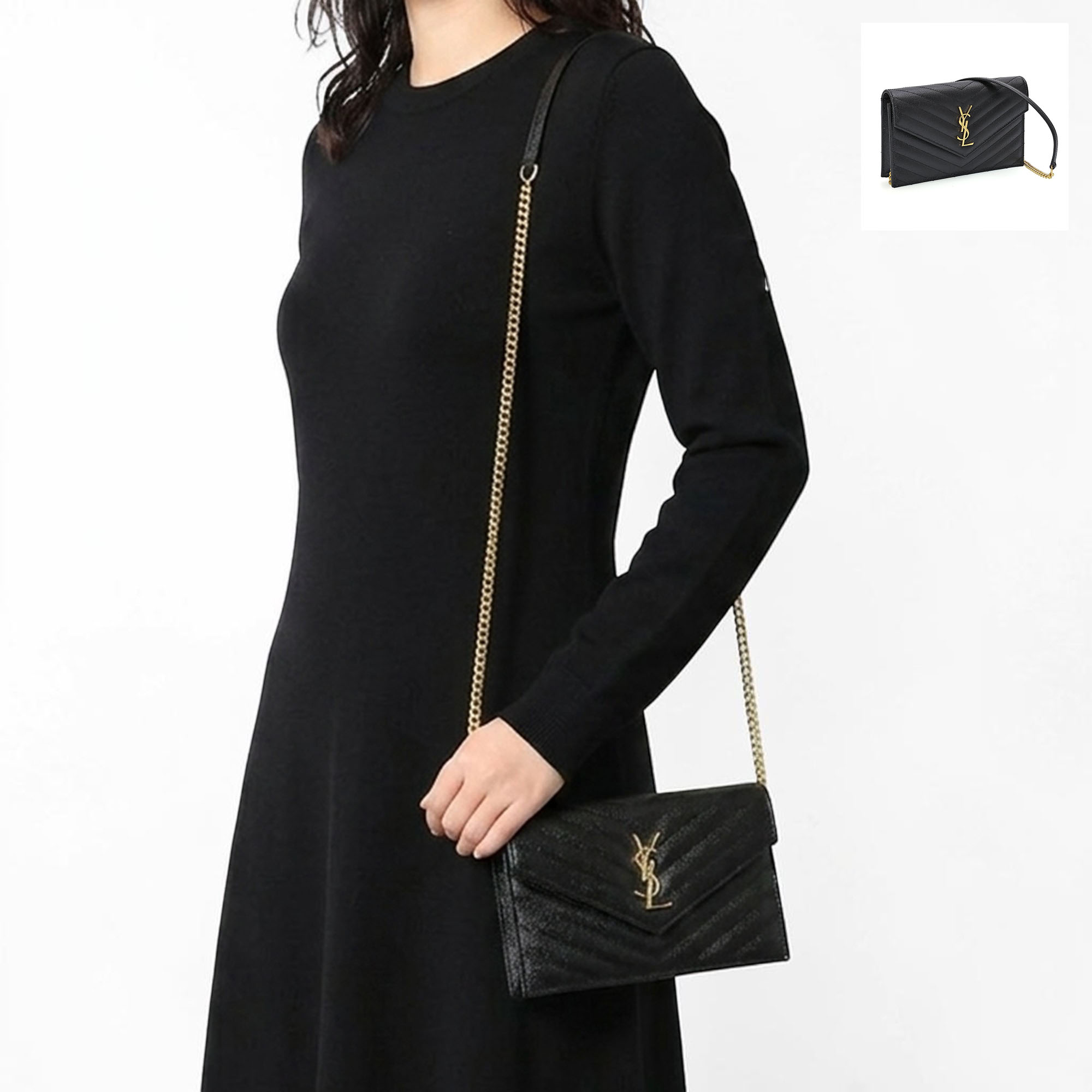 〈ﾎﾟｲﾝﾄ5倍〉サンローラン・パリ／SAINT LAURENT PARIS "カサンドラ エンベロープ チェーンウォレット(グレイン・ド・プードルレザー)" YSLモノグラム・チェーンポーチ・斜め掛けショルダーバッグ・クロスボディ・長財布(ブラック) 857605 BOW1 1000／BLACK｜IL TELAIO DUE