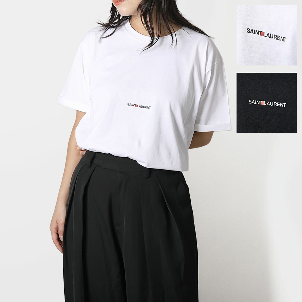 〈ﾎﾟｲﾝﾄ5倍〉サンローラン・パリ／SAINT LAURENT PARIS ロゴ入りクルーネック半袖Tシャツ・ボーイフレンド(ブラック・ホワイト) 460876 YB2DQ 1000・9000／NOIR・BLANC[返品OK]