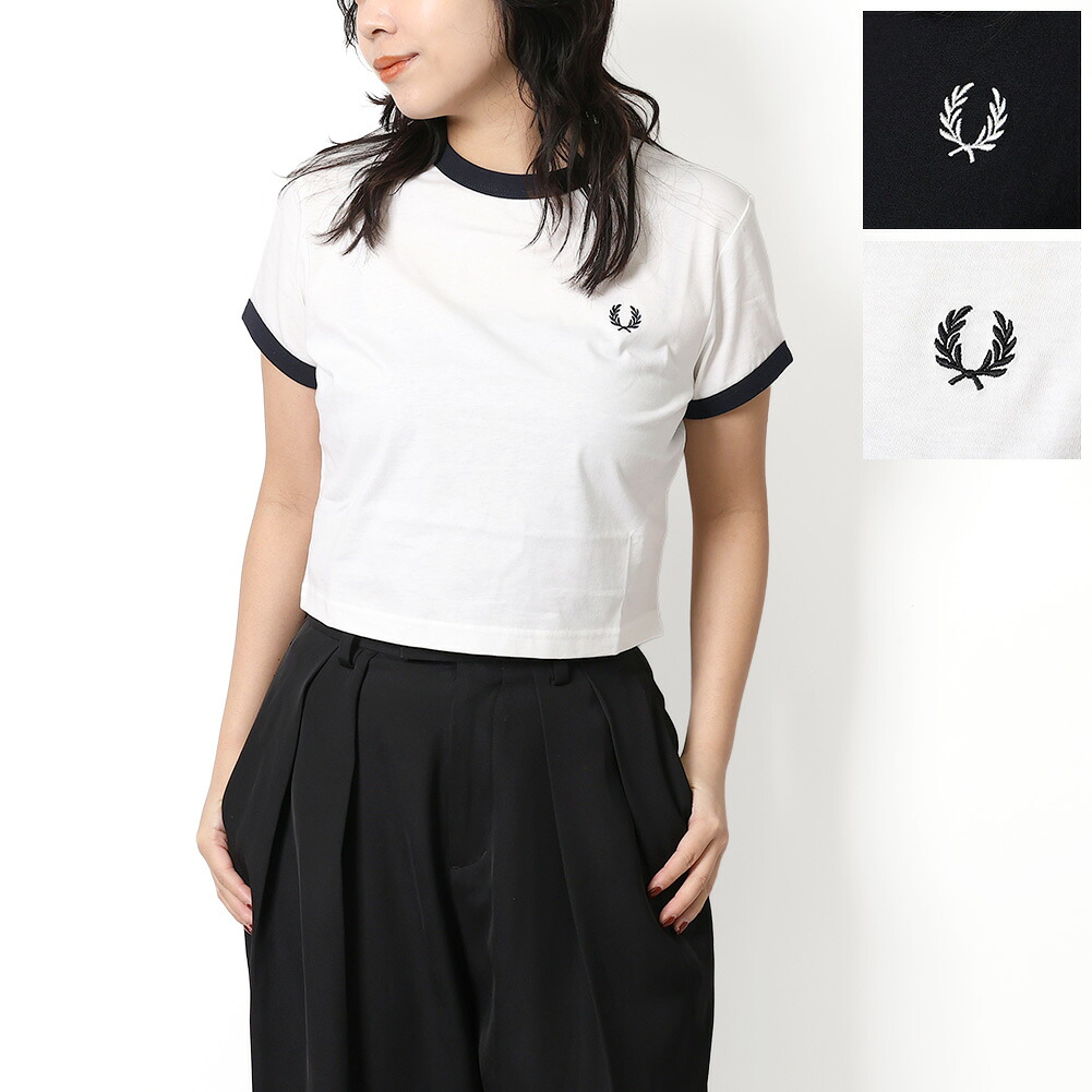 【SUMMER SALE】【ｴﾝﾄﾘｰでP5】フレッドペリー／FRED PERRY &rdquo;CROPPED RINGER TｰSHIRT" レディース・クロップド丈・クルーネック半袖Tシャツ・ローレルリース(ブラック・スノーホワイト) G9163 102・129／BLACK・SNOW WHITE／10[返品OK]｜イル　テライオ