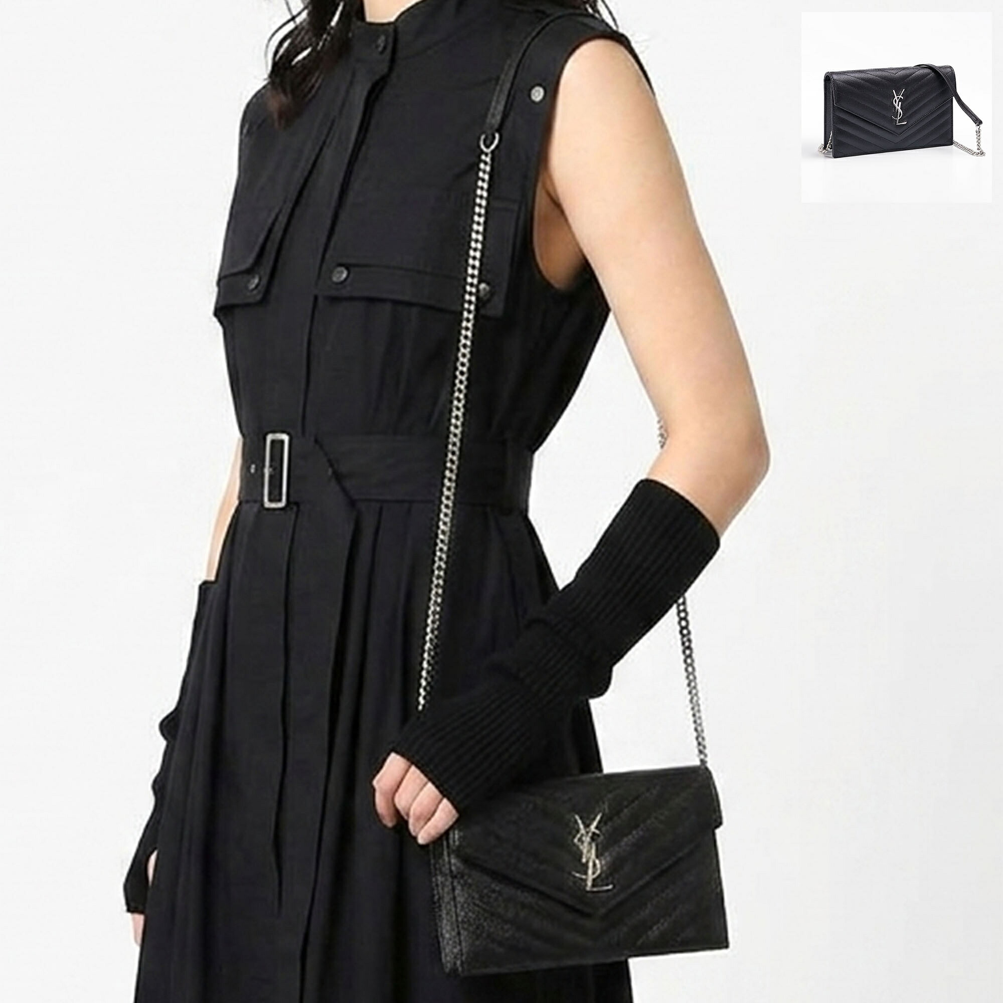 【ｸｰﾎﾟﾝ5%OFF】サンローラン・パリ／SAINT LAURENT PARIS "カサンドラ エンベロープ チェーンウォレット(グレイン ド プードルレザー)" YSLモノグラム・チェーンポーチ・斜め掛けショルダーバッグ・クロスボディ・長財布(ブラック) 857605 BOW02 1000／BLACK[返品OK]｜イル　テライオ