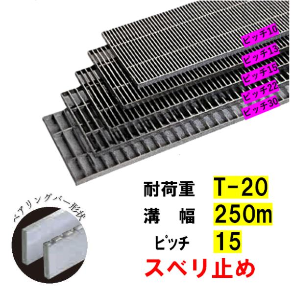 ステンレス製 横断溝 側溝 グレーチング 溝幅250mm T-20 ピッチ15 高さ32mm ノンスリップ 溝蓋 ニムラ 送料無料