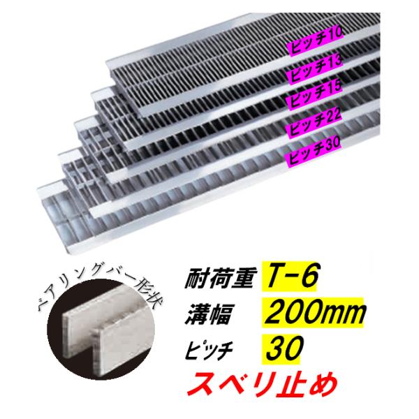 ステンレス製 U字溝 グレーチング 溝幅200mm T-6 ピッチ30 スベリ止 高さ25mm ベアリングバー幅4mm 溝蓋 ニムラ 送料無料