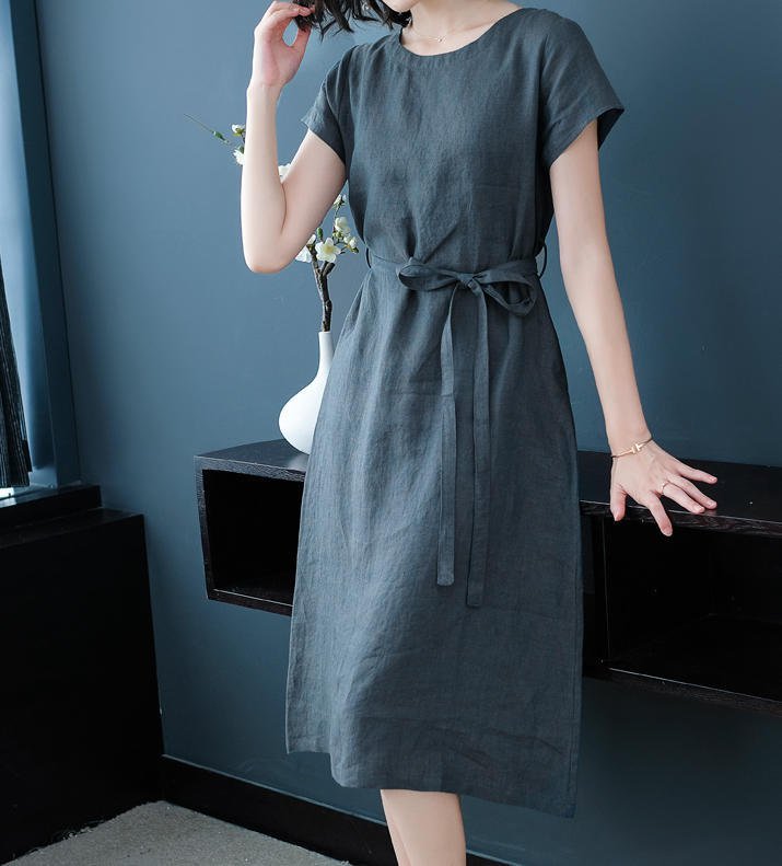 送料無料 リネンワンピース きれいめ 半袖 ロング 大きいサイズ ウエストリボン ルーズ ゆったり 半袖 無地 フレア カジュアル シンプル 大人 可愛い ベーシック 30代 40代 グリーン Op 294r Medfited Org