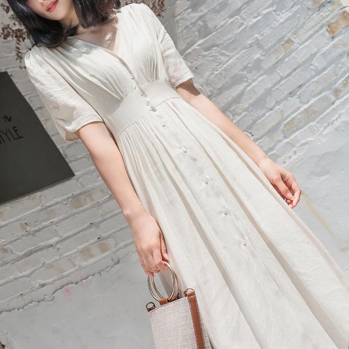 楽天市場 送料無料 ハイウエストワンピース パフスリーブ Vネック ミモレ丈 ワンピース レディース レトロワンピース ドレスワンピ ボタン 前開き 上品 可愛い フレンチカジュアル 半袖 夏 ロング Ins トレンド 今季 人気 デート ママ モモ 楽天市場店