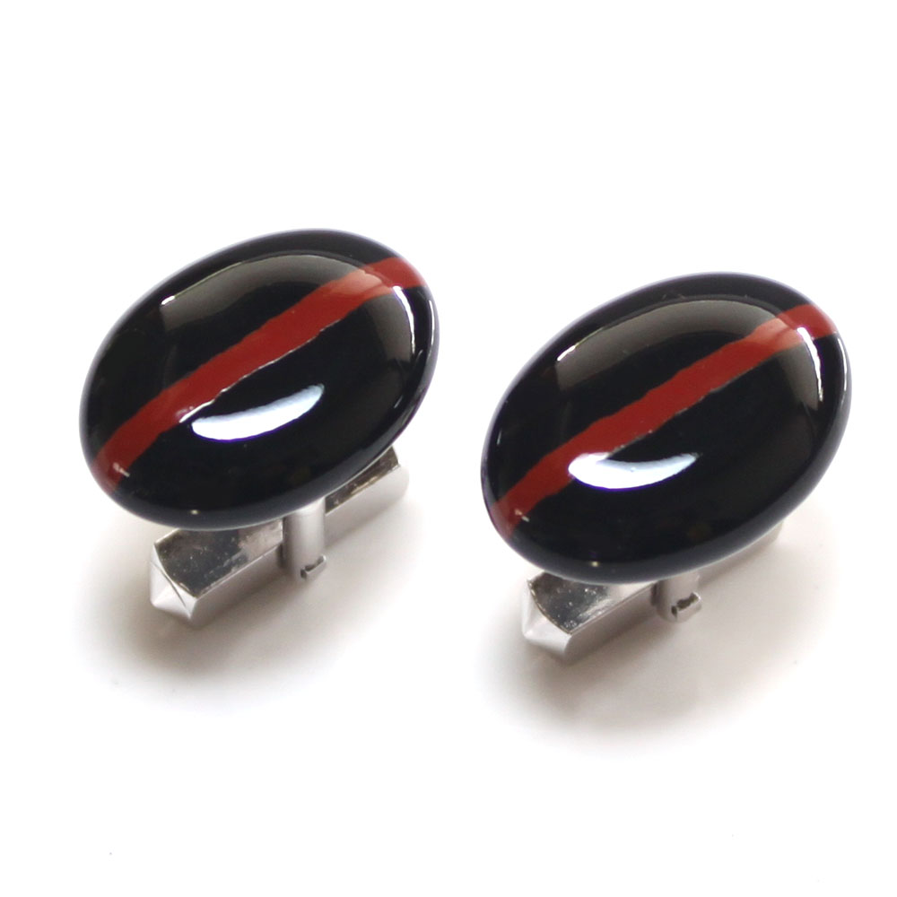 【工房限定オリジナル商品】メンズ　ファッション 伝統工芸　伊万里焼　カフスボタン　カフリンクス黒　ベース　赤ライン　作品記念品　プレゼント【包装選択】【メッセ入力】｜陶芸タチカワ