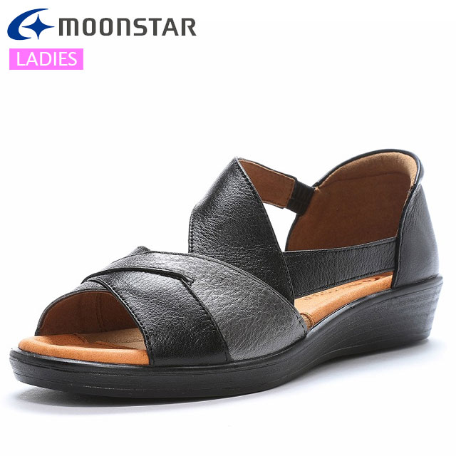ムーンスター サンダル レディース スポルス SP5943 ブラック MOONSTAR 42301086 コンフォートシューズ フラットサンダル 履くほどに足に柔らかくフィット 足にやさしいソフトレザー 中底にふっくら柔らかい素材 デイリーシューズ カジュアルシューズ