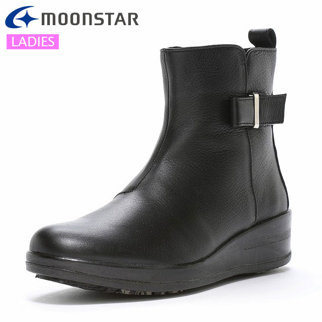(☆)4 ムーンスター ブーツ レディース スポルス SP7772NSR ブラック MOONSTAR 42301266 雪寒地向け本革コンフォートブーツ サイドベルトがアクセントのショートブーツ 履くほどに足に柔らかくフィット 撥水加工 足にやさしいガーメントレザー お出かけ カジュアルシューズ