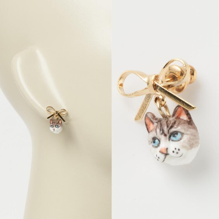 【NACH ナッシュ】Bow &Ragdoll Head Cat ピアス 動物アクセサリー (両耳)