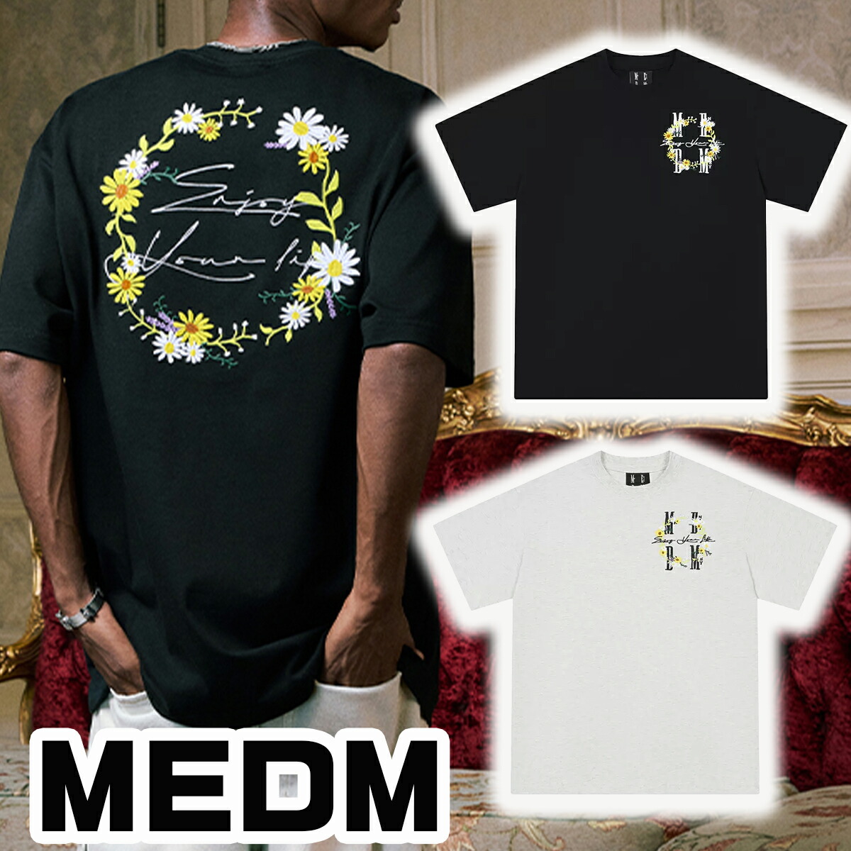 MEDM ティーシャツ ミスターエンジョイダマネー 表どおり ティーシャツ 半袖 大層らしい大いさ ロゴタイプ LOGO 御居処跳ねる 流行り トップス メンズ レディース ユニ一発やる[御召しもの]ユ00582