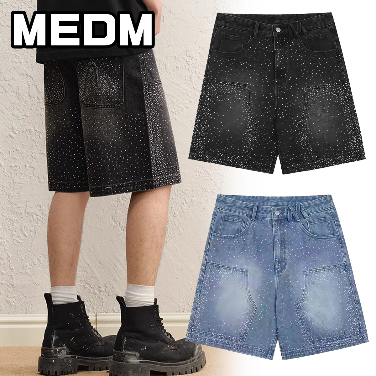 MEDM ミスターエンジョイダマネー ハーフパンツ 短パン デニム ショーツ メンズ アメリカン ストリート ヒップホップ メンズ レディース ユニセックス[衣類]ユ00582