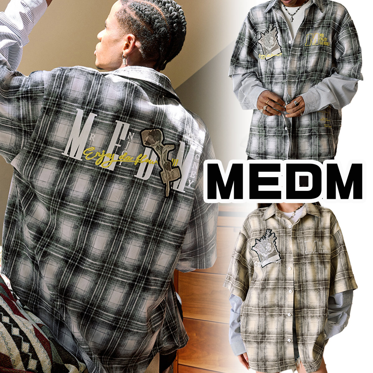 MEDM プルオーバー フランネルプルオーバー 照合のしるし柄 長袖 ティーシャツ ミスターエンジョイダマネー 心地好い上衣 LOGO アメリカン 表どおり 御居処跳ねる 流行り トップス メンズ レディース ユニ一発やる[お召しもの] メンズファッション-Tシャツ・カットソー-トップス