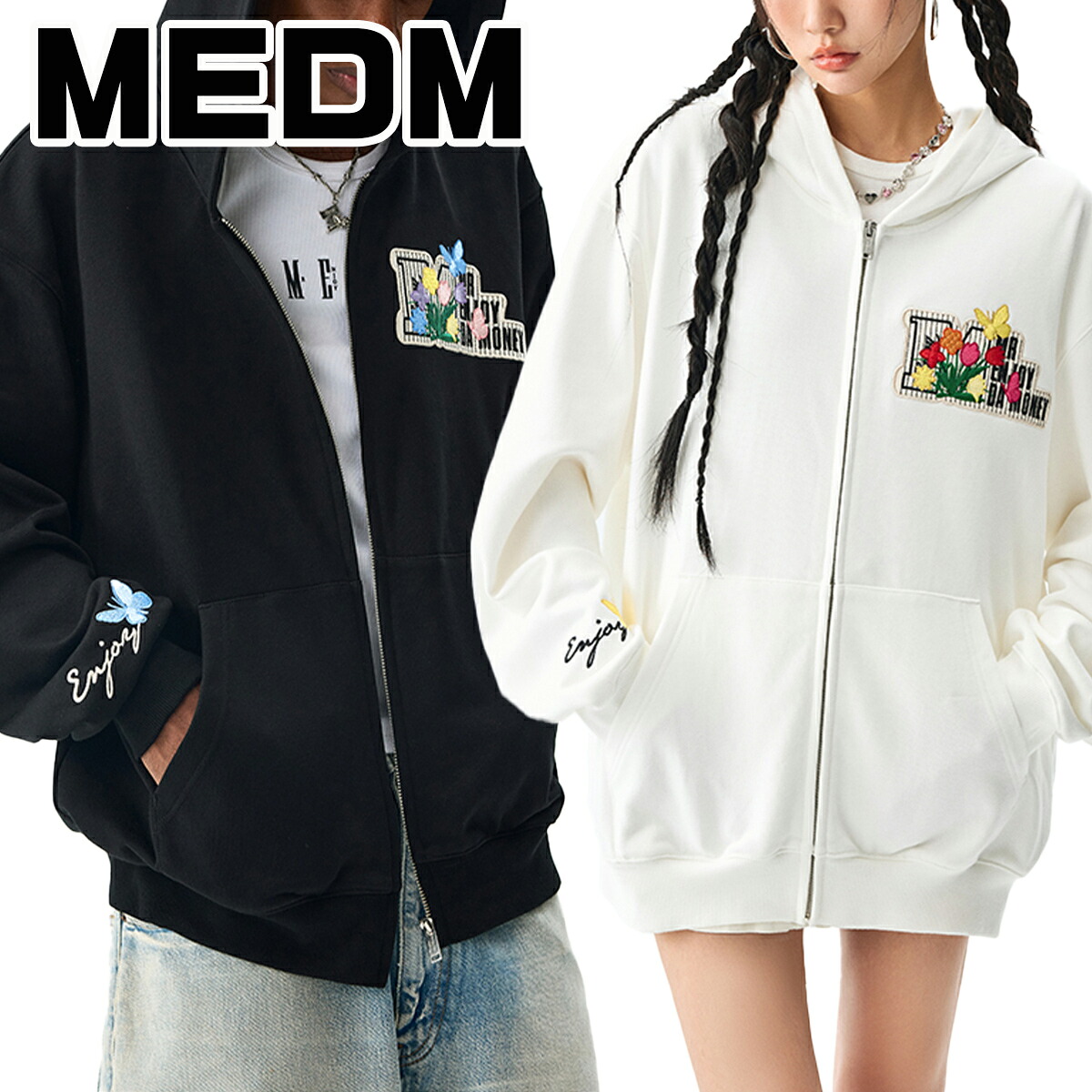 MEDM ジップパーカー ミスターエンジョイダマネー フルジップ ユニセックス スウェット トレーナー ロゴ カジュアル フード付き セーター メンズ レディース ユニセックス[衣類] ユ00572｜WILLS