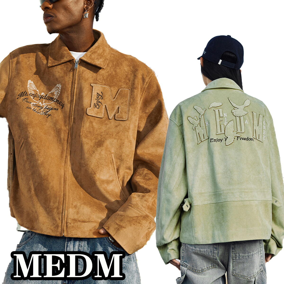 MEDM ミスターエンジョイダマネー スエード ジャケット ロゴ アウター アメリカン ストリート ヒップホップ トレンド 刺繍 長袖 トップス メンズ レディース ユニセックス[衣類]ユ00572｜WILLS