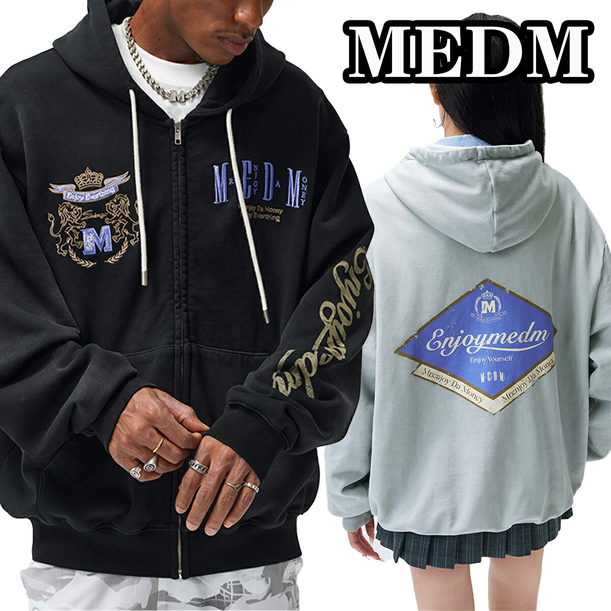 MEDM フルジップ パーカー ミスターエンジョイダマネー ユニセックス スウェット トレーナー ロゴ カジュアル フード付き セーター メンズ レディース ユニセックス[衣類] ユ00572