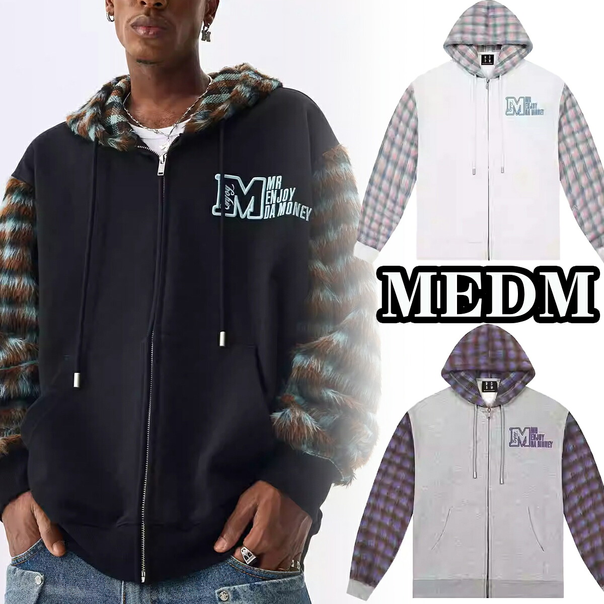 MEDM フルジップ パーカー 毛皮 チェック柄 ミスターエンジョイダマネー ユニセックス スウェット トレーナー ロゴ カジュアル フード付き セーター メンズ レディース ユニセックス[衣類] ユ00572
