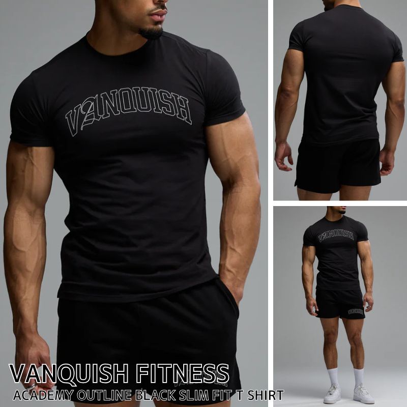 ヴァンキッシュ フィットネス 半袖 Tシャツ VANQUISH FITNESS ACADEMY OUTLINE BLACK SLIM FIT T SHIRT メンズ 筋トレ ジム ウエア スポーツ 正規品 [衣類] ユ00582