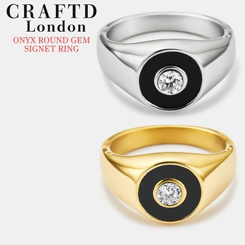 CRAFTD London 指環 手工芸品英国の首都 ONYX ROUND GEM SIGNET RING オニキス ラウンド 宝珠 シグネットリング SILVER GOLD 輪っか ゴールド しろがね色 メンズ 銀 金 18Kゴールド 一般受け [佩び物] ユ00582