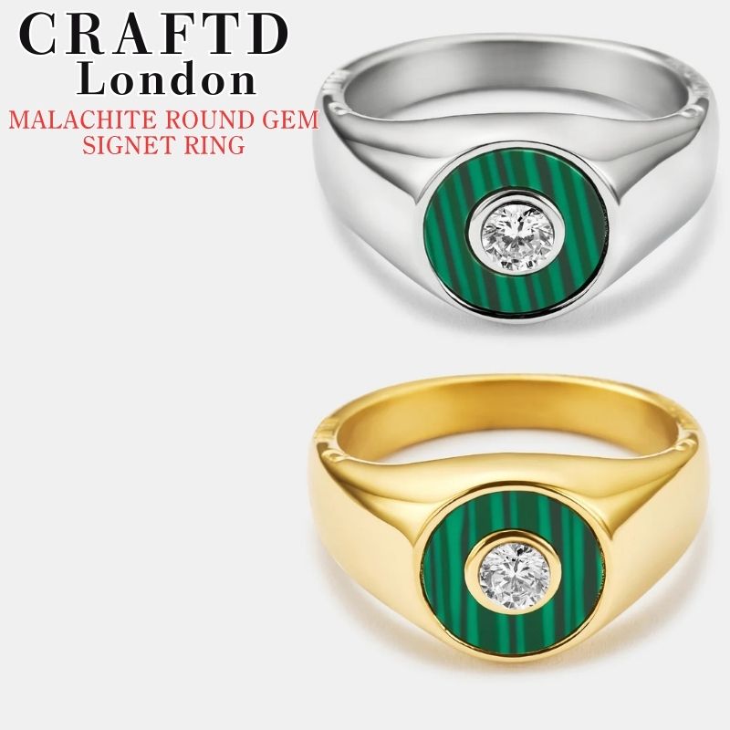 CRAFTD London 指環 手工芸品英国の首都 MALACHITE ROUND GEM SIGNET RING マラカイト ラウンド 宝珠 シグネットリング SILVER GOLD 輪っか ゴールド しろがね色 メンズ 銀 金 18Kゴールド 一般受け [佩び物] ユ00582