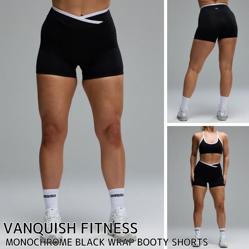 ヴァンキッシュ 填まるネス レディース さる股引き VANQUISH FITNESS MONOCHROME BLACK WRAP BOOTY SHORTS さる股引き 瑜伽 筋トレ 体育館 お召しもの 運動競技 置き目品[お召しもの] ユ00582