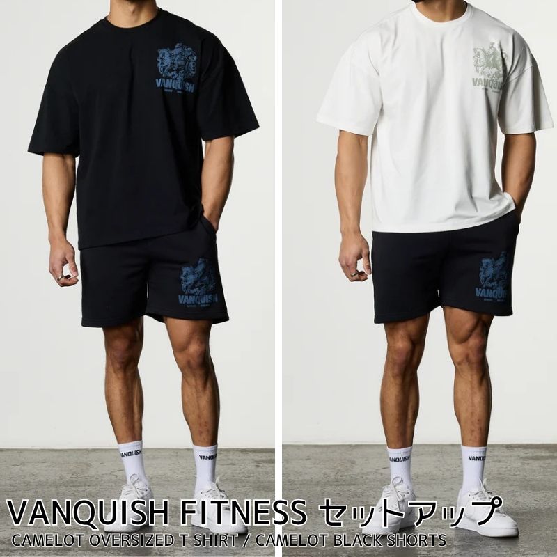ヴァンキッシュ 半袖 セットアップ VANQUISH FITNESS CAMELOT OVERSIZED T SHIRT BLACK SHORTS 上下セット Tシャツ メッシュ ショーツ 短パン オーバーサイズ メンズ 筋トレ [衣類 ]ユ00572｜WILLS