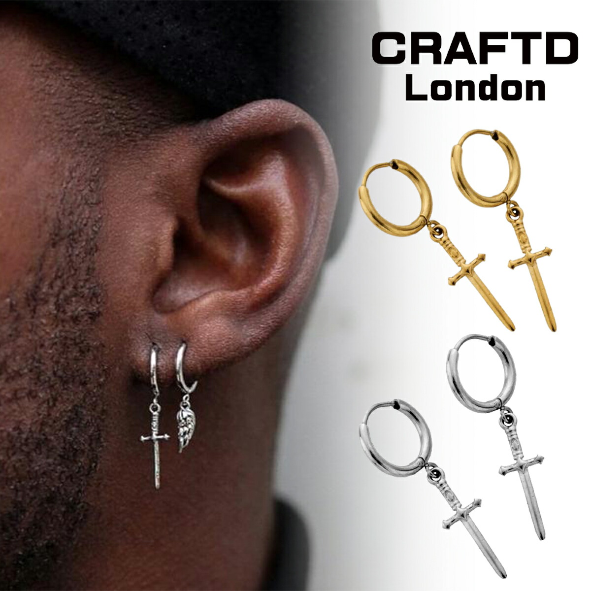 CRAFTD London ネックレス メンズ ピアス 2個セット DAGGER EARRING 14K ゴールド 金 低刺激性 アクサセリー 十字架 クロス ゴールド シルバー クラフトロンドン 18kゴールド シルバー 金 人気[アクセサリー]