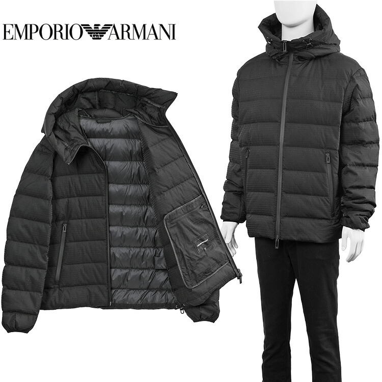 アルマーニ メンズ 総柄 打ち倒す EMPORIO ARMANI ボンネット付き添い人 ナイロン 打ち倒す上衣 EM003043-AF15384-UC001 黒いこと【新作】 メンズファッション-コート・ジャケット