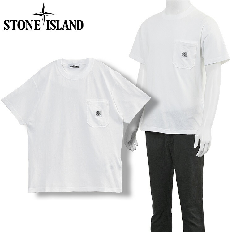 ストーンアイランド STONE ISLAND Tシャツ ロゴパッチ スリムフィット L1S152100032S0057 FISSATO EFFECT ガーメントダイ ポケット付き メンズ ホワイト【新作】