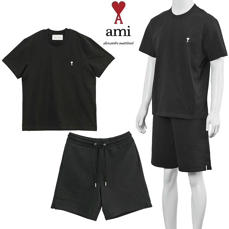 AMI PARIS 意中の女パリス セットアップ Ami De Coeur ティーシャツ＆汗水 二分の一ズボン下 上下書き割り 黒いこと HTS346.724/HSO825.730-045【新作】