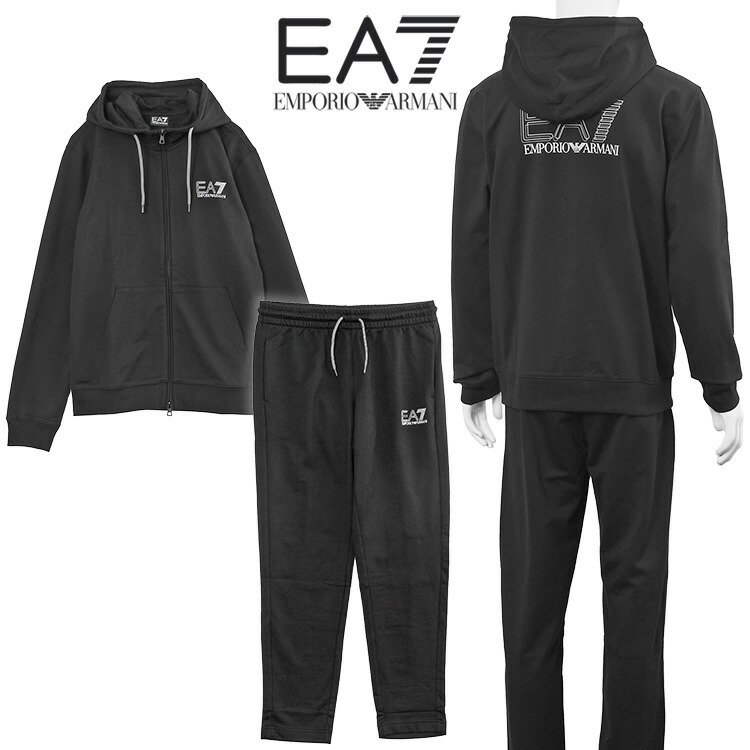 エン急性灰白髄炎 アルマーニ EMPORIO ARMANI EA7 セットアップ ボンネット付き添い人 汗水 パーカー 上下 ピュアコットン 貨物自動車背広 7M001319-AF13512-UC001 黒いこと メンズ【新作】