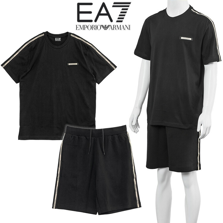 エン急性灰白髄炎 アルマーニ EMPORIO ARMANI EA7 セットアップ ティーシャツ スウェットハーフパンツ ロゴタイプ伝達ルート Logo Series 7M001476/7M001481-AF10375-UC001 黒いこと メンズ【新作】