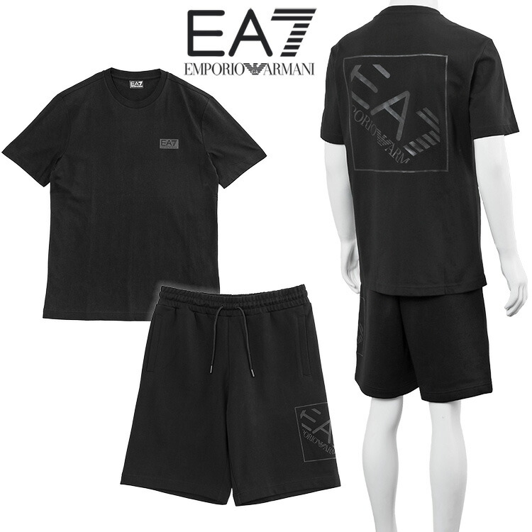 エン急性灰白髄炎 アルマーニ EMPORIO ARMANI EA7 セットアップ 同色ロゴタイプ ティーシャツ スウェットハーフパンツ Logo Series 7M001487/7M001491-AF17789-UC001 黒いこと メンズ【新作】