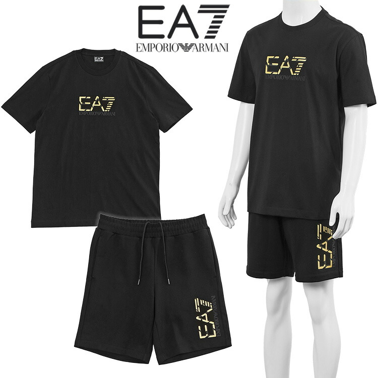 エン急性灰白髄炎 アルマーニ EMPORIO ARMANI EA7 セットアップ ティーシャツ スウェットハーフパンツ Premium Label 7M001562/7M001564-AF17789-UC001 黒いこと ゴールド メンズ【新作】