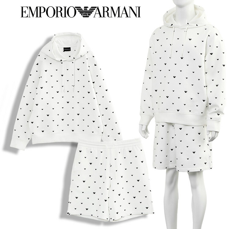 エン急性灰白髄炎 アルマーニ EMPORIO ARMAN セットアップ 総柄 ダブルジャージ パーカー × 汗水 二分の一ズボン下 マイクロ鷲 総刺しゅう EM001402/EM001403-AF10013-F0085 白いこと【新作】