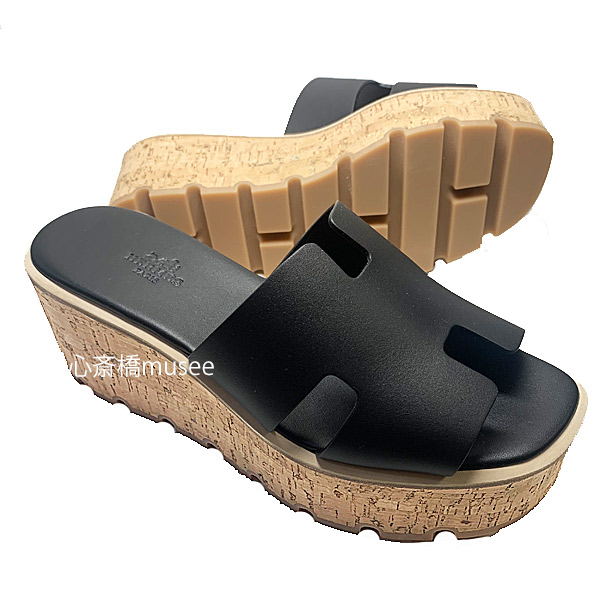 ≪ 新品 ≫ エルメス エズ 30 サンダル 38 なめし革 キルク ラバーソール 黒いこと 黒 HERMES Eze 30 sandal size 38 H Black 箱 シュロの葉 ラッピング オラン
